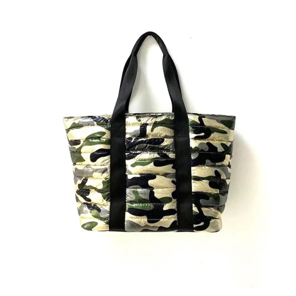 Gold metallic camouflage puffer bag tote small -with matching pouch